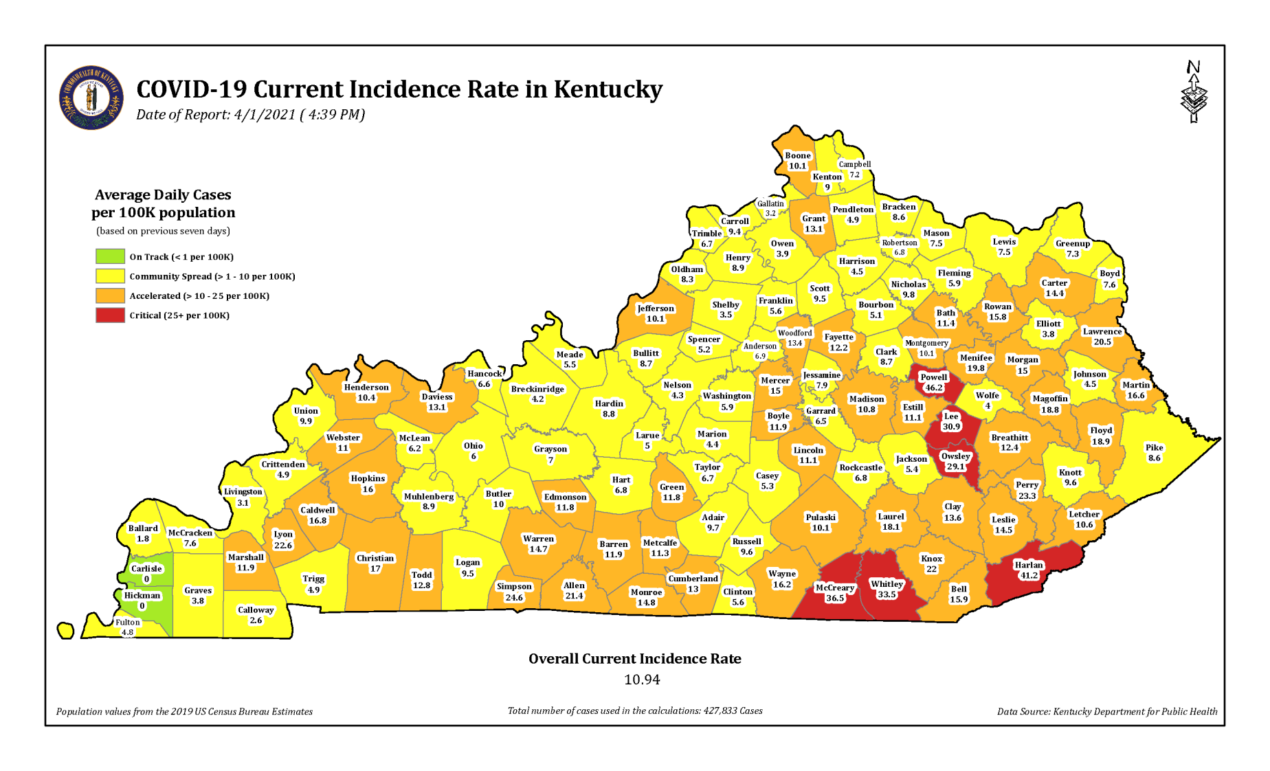 Kentucky COVID-19 incidence rate 4/1/21